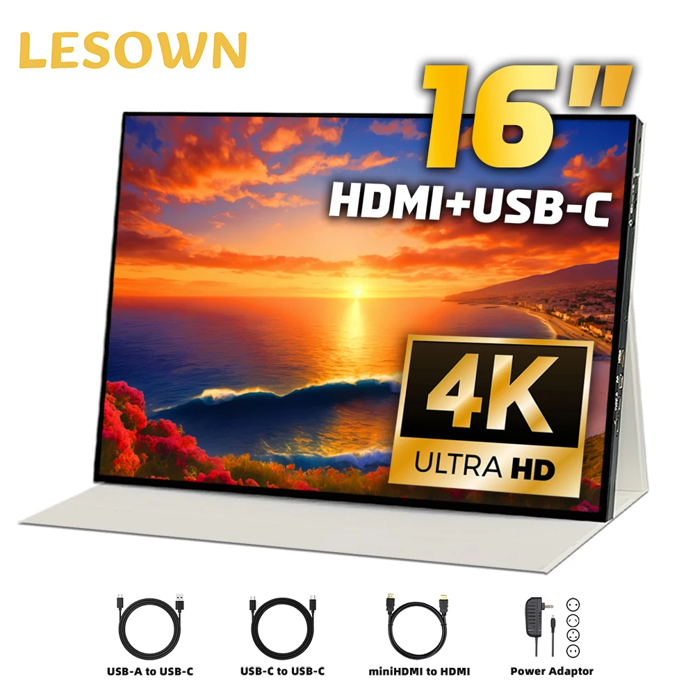 Фото LESOWN 4K 3840x2400 Широкоэкранный портативный монитор 16-дюймовый сенсорный экран IPS 16:10 USB C HDMI Дорожный дополнительный дисплей для компьютера №1