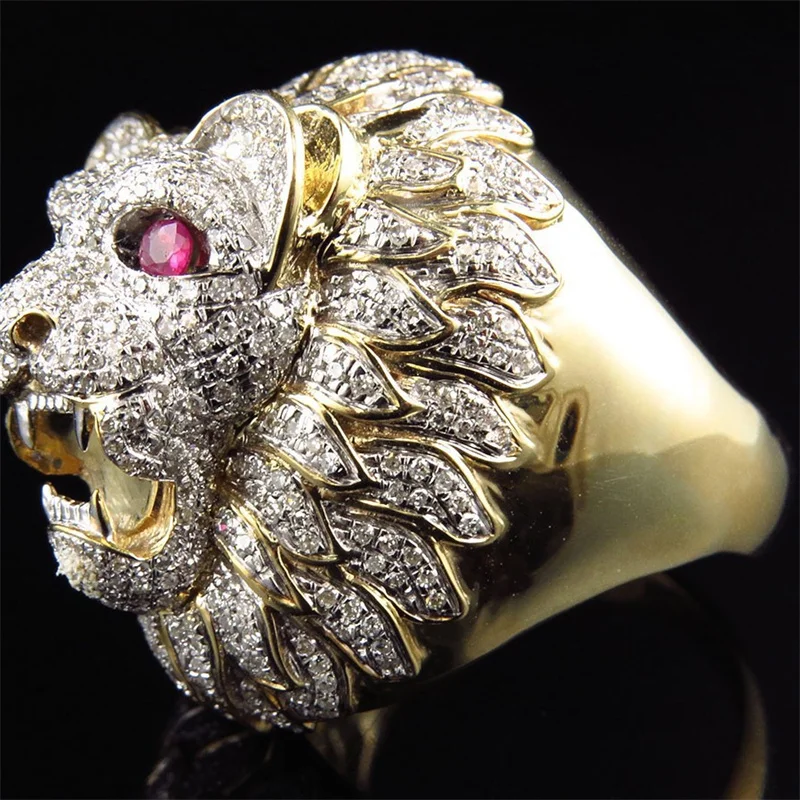 

Vintage Gold Colors Lion Animal Rings for Men Trendy Metal Inlaid Red Stone Wedding Engagement Jewelry