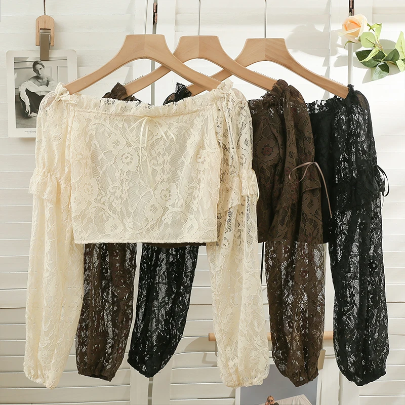 

Vintage Butterfly Lace-up Blouse Woman Off Shoulder Slash Neck Long Puff Sleeve Blouses Women Lace Elastic Top Dropshipping