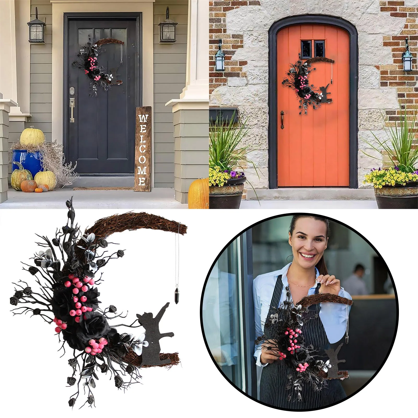

Moon Halloween Wreaths For Front Door Halloween Moon Wreath With Cat Wall Decor Halloween Cat Door Wreath Window Suction Cups