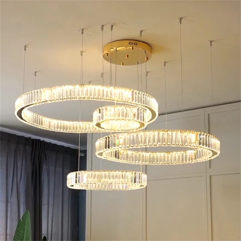Modern Luxury Crystal Led Chandelier Circle rings Chandelier Living Room Decoration Suspend Lamparas Fixtures For Villa Stair