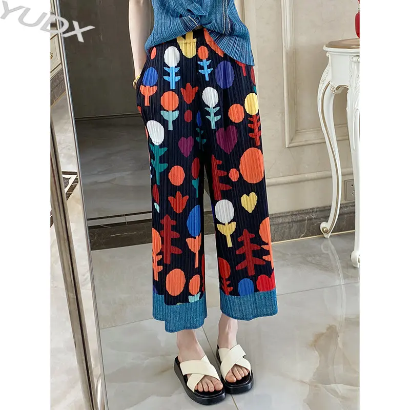 YUDX Miyake Pleated Niche Fashion Print Slim Straight Casual Pants 2023 Summer New Drape Women's Eight-point Nine-point Pants