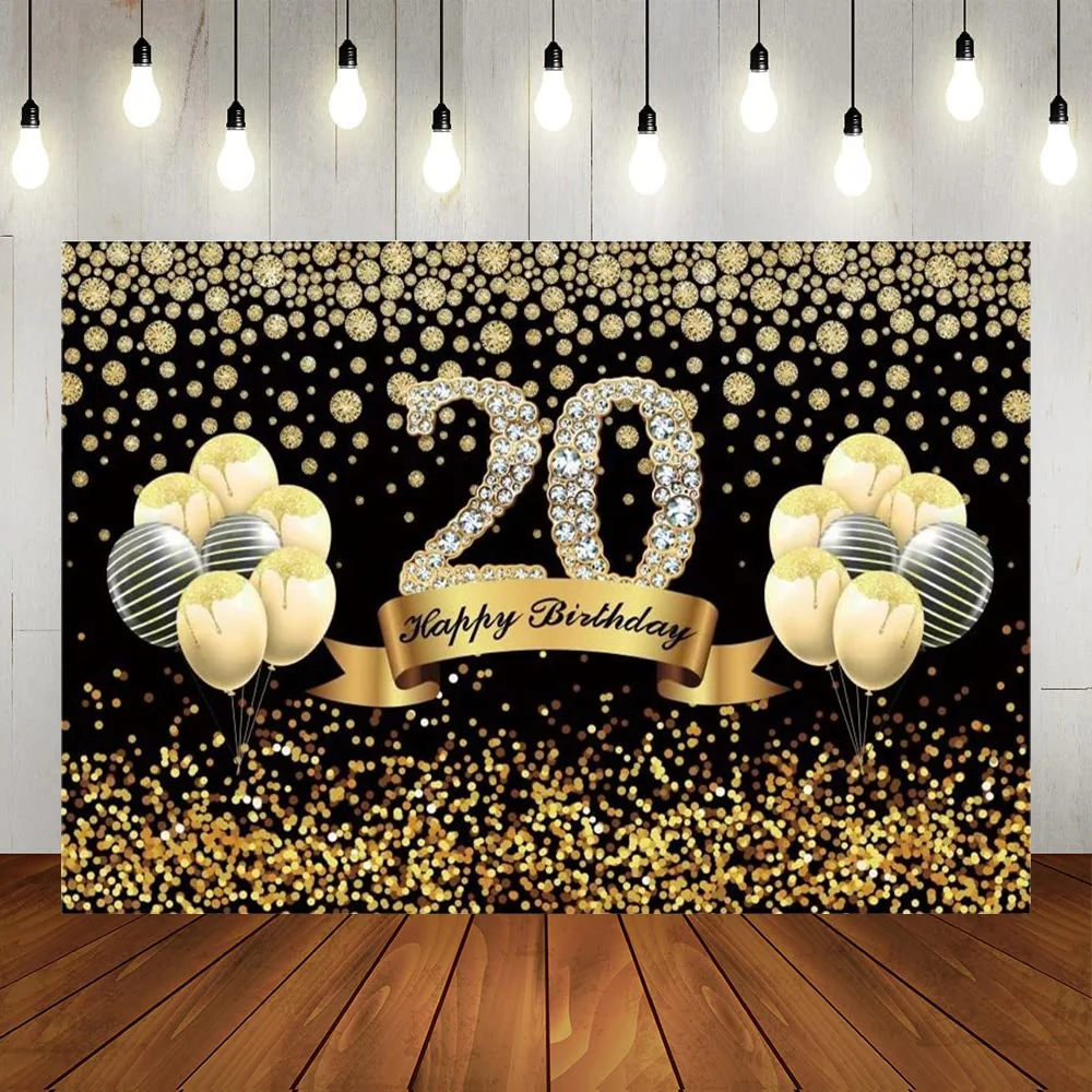 

Happy 20th Birthday Party Boys Girls Gift Backdrop Banner Black Gold Stars Balloons Years Anniversary Suppiles Background Poster