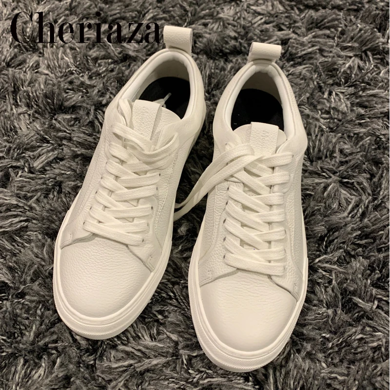 

2022 Spring Summer Female England Style Fashion Top Layer Cowhide Casual Vulcanized Pure White Frenulum Shoes Sneakers Woman