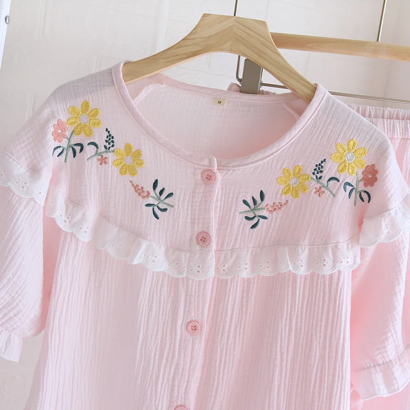 Summer Loungewear Pajamas Set Crepe Raglan Embroidered Short-sleeved Trousers Casual Pyjamas Women Sleepwear Nightwear Pajama