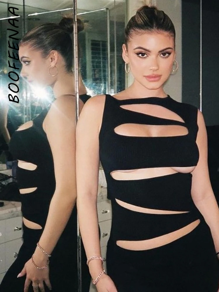 

BOOFEENAA Cut Out Sleeveless Maxi Dresses for Women Vestido Bodycon Elegant Sexy Party Eveing Gown Dress White Black C87-CE33
