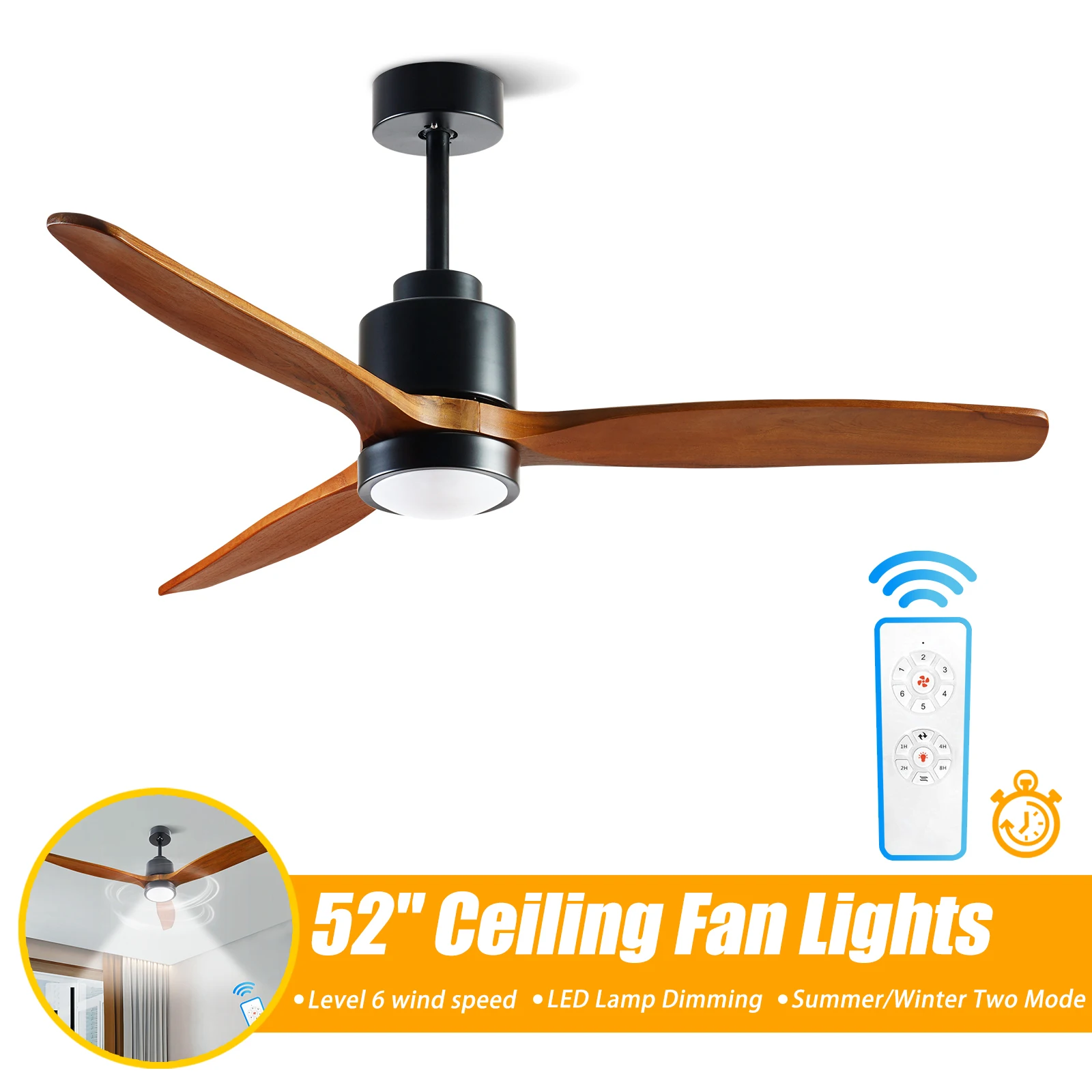 

ALUOCYI 52 Inch Remote Control Ceiling Fan with Lights, 3 Blades Brown Solid Wooden Down Rod Ceiling Fan Noiseless DC Motor
