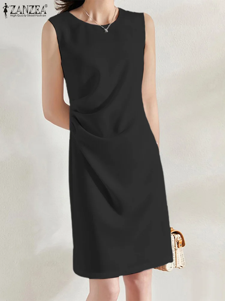 

Винтажный сарафан без рукавов с круглым вырезом ZANZEA, корейская мода, однотонные Летние повседневные плиссированные короткие платья 2023 Vestiodos