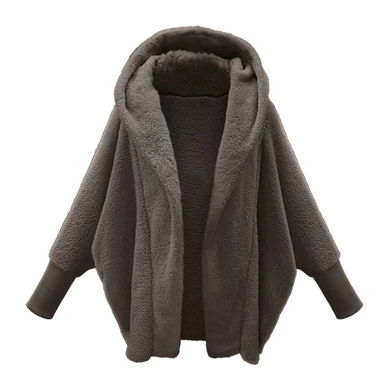 New Autumn and Winter Women's Coat Vestido Fashion Casual Loose Solid Color Full-sleeved Long-sleeved Hooded Loose Plush Jacket