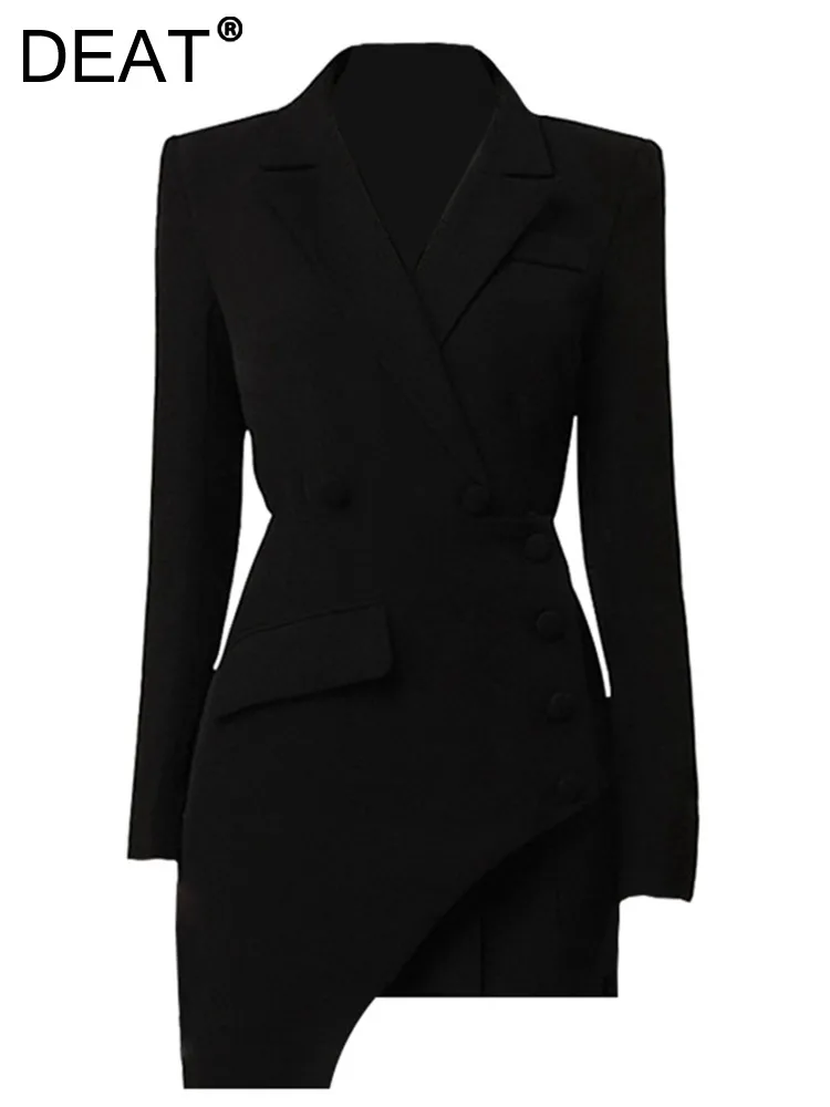 

DEAT Fashion Women's 2 Pcs Set Notched Collar Single Button Black Coat High Waist Irregular Mini Skirt Spring 2023 New 17A4102