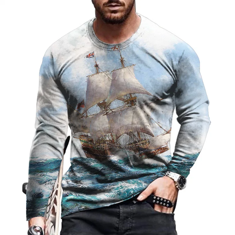 

Sailing Sailing Trend Men's Top 3D Printed Hip Hop Round Neck Pullover Long Sleeve Personalized Fashion Casual T-shirt
