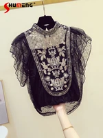 loose embroidered flower ruffled dot mesh lace blouses 2022 summer new palace style womens short flying sleeve lace shirt top