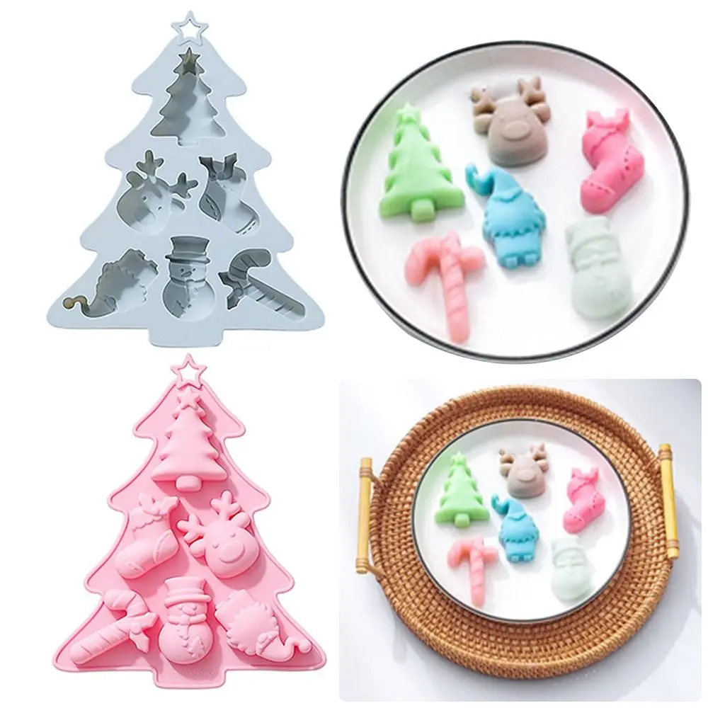 

Pan Christmas Theme Chocolate Cake Mold 6 Cavity Socks Elk Crutch Santa Claus Tree Christmas Snowman Silicone Mold