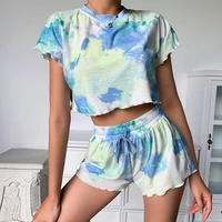 casual tie dye 2 piece sets night clothes outfits sexy shorts sleevecrop tops and loose shorts fashion two piece set homewear