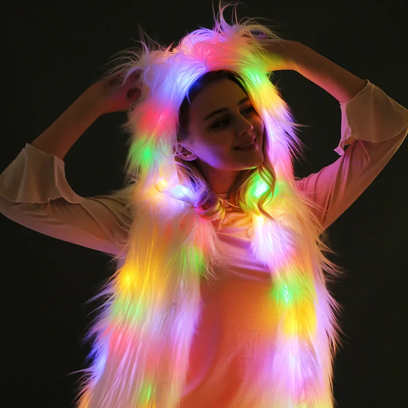 

Rainbow LED Tron Dance Wear Carnival Performance Costumes for Girls 2023 Party Gogo Dancer Rave Outfits Light Up Fur Coat Women