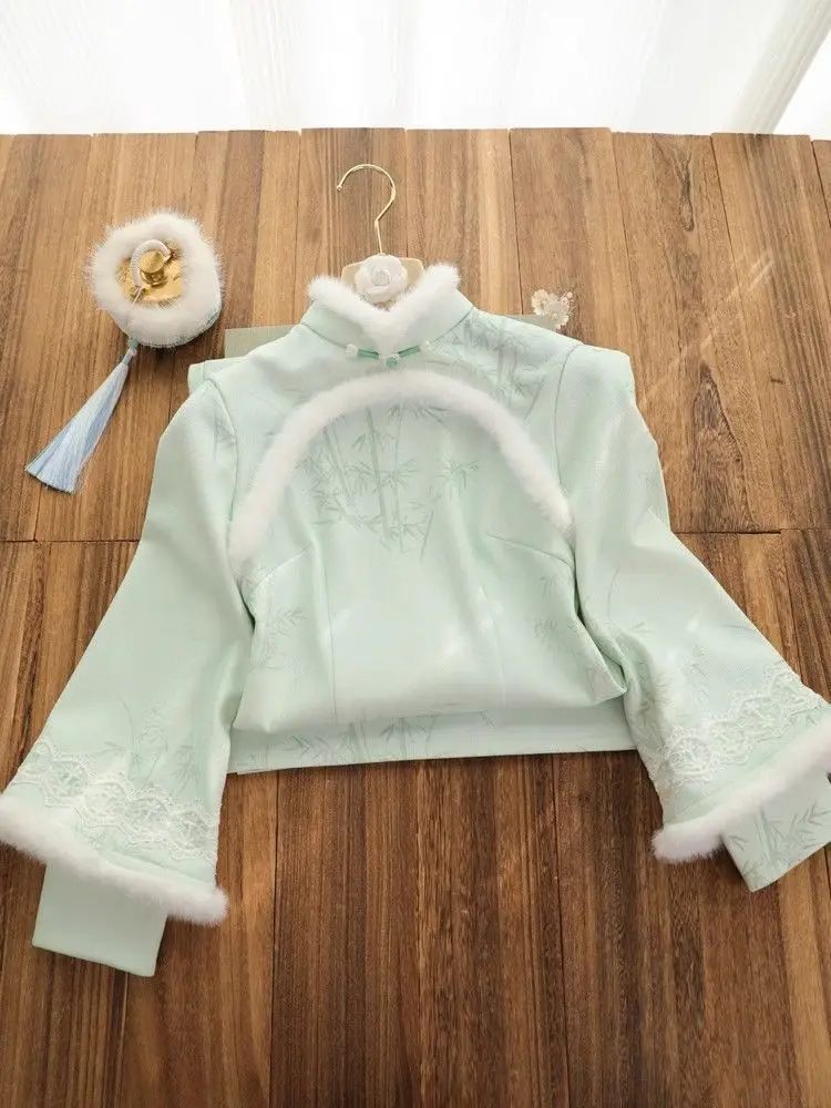 2024 зимнее плюшевое утепленное зеленое платье Cheongsam с большими рукавами новое