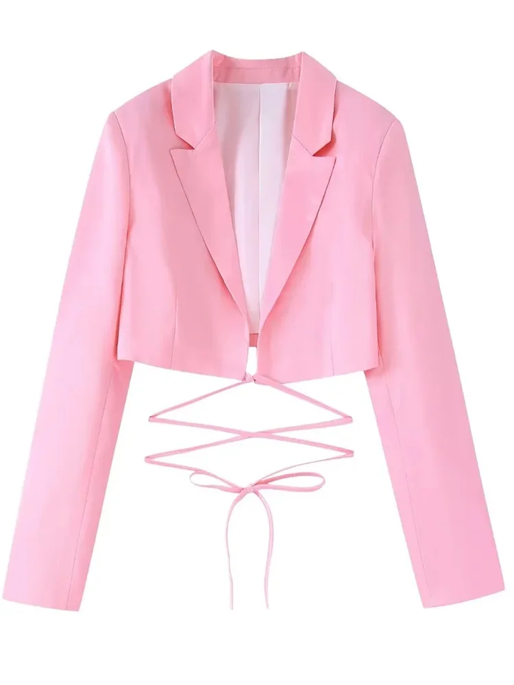 

2022 Summer Women Fashion With Pink Bandage Cropped Coat New Full Sleeves Open Stitch Office Lady Female Outerwear