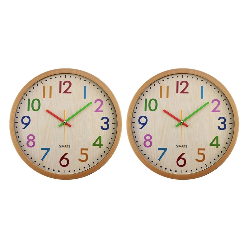 

2X Silent Non Ticking Kids Wall Clock, Battery Operated Colorful Decorative Clock