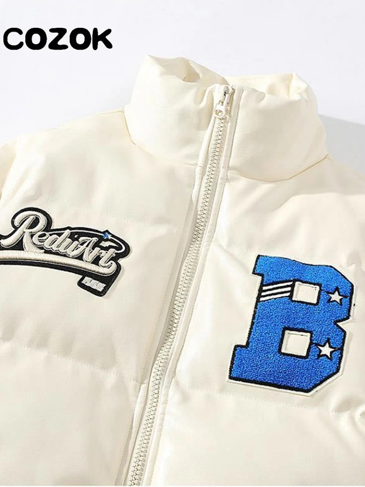 Oversized Warm Thick PU Leather Coats Women's Parkas Coat Winter Letter Embroidery Zipper Coat Stand Collar Down Cotton Jackets