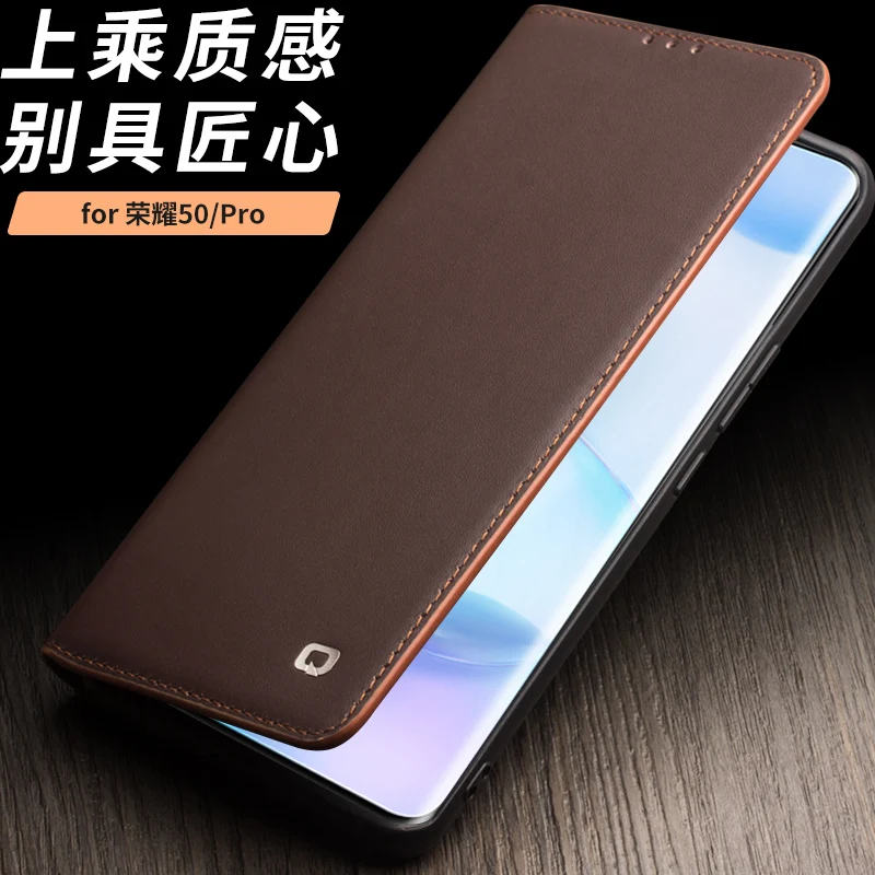 Wallet Genuine Leather Phone Pouch Bags Cases For Honor 50 Honor50 Pro Real Cow Skin Cover Case Card Pocket Vintage Business