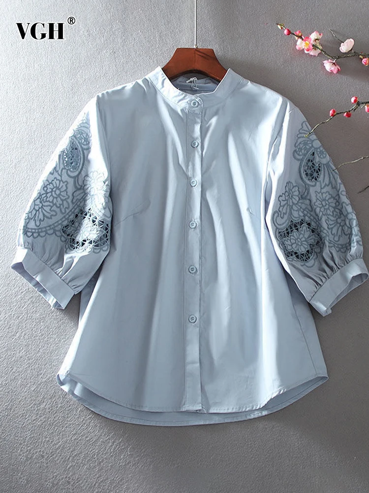 

VGH Solid Hollow Out Minimalist Shirt For Women Stand Collar Lantern Sleeve Patchwork Single Breasted Loose Blouse Female New