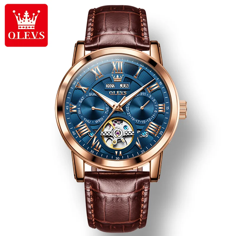 

OLEVS 6668 Complication Genuine Leather Strap Watches For Men Waterproof Fashion Automatic Mechanical Men Wristwatches Luminous