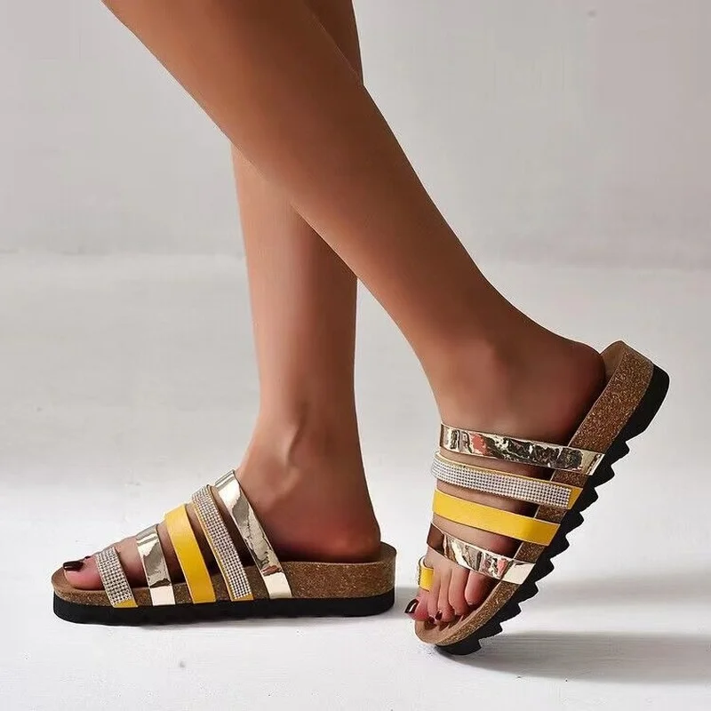 INS New Slippers Women's Fashion Rhinestone Large Size 43 Open Toe Sandals Women's Shoes Soled Beach Shoes Word Sandals