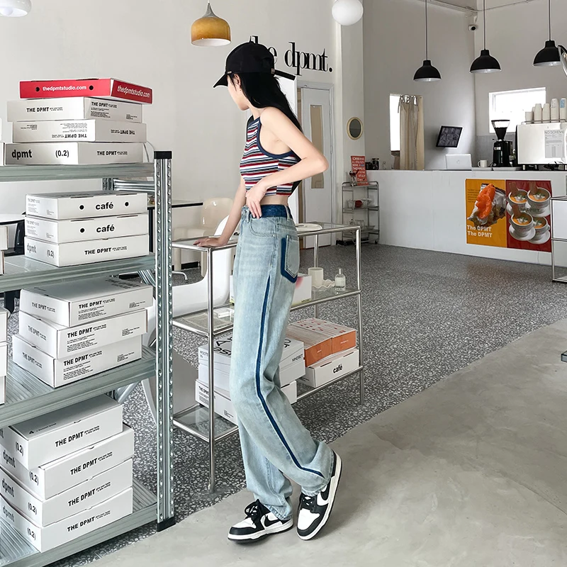 2023 women's denim trousers blue commuting summer new Korean version of high waist contrast color personality design sense loose