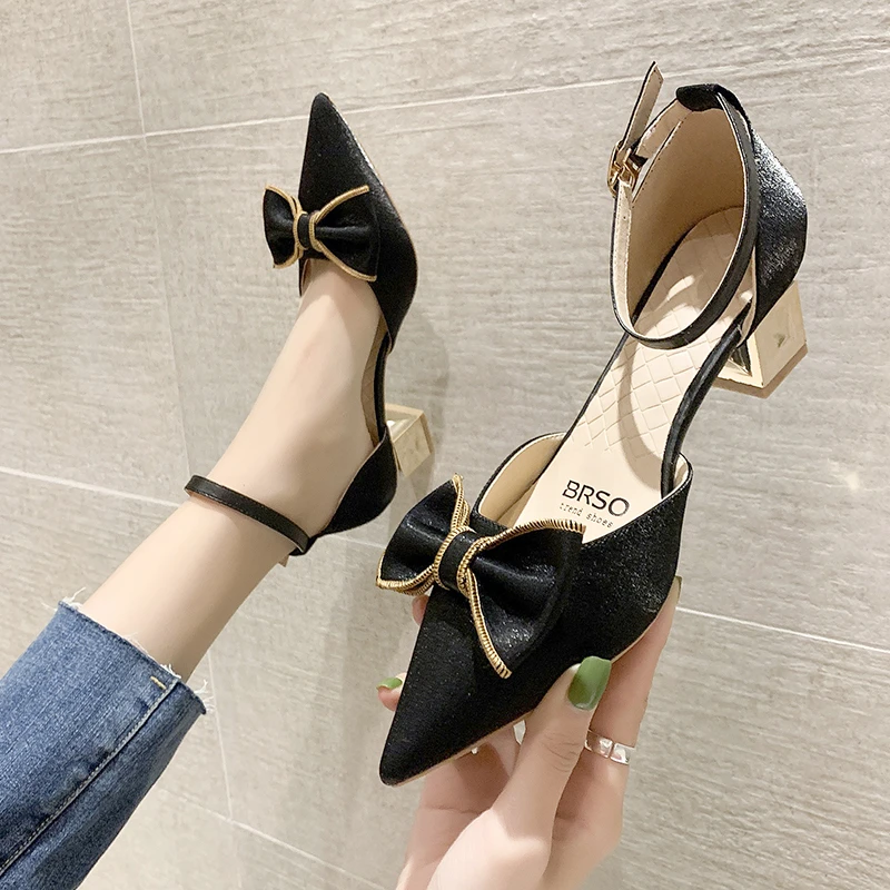 

Women Sandals Classics Bow-knot Leather Shoes Thick Heel Buckle Pointed Toe Summer Shoes Fashion Ankle Buckle Female High Heel