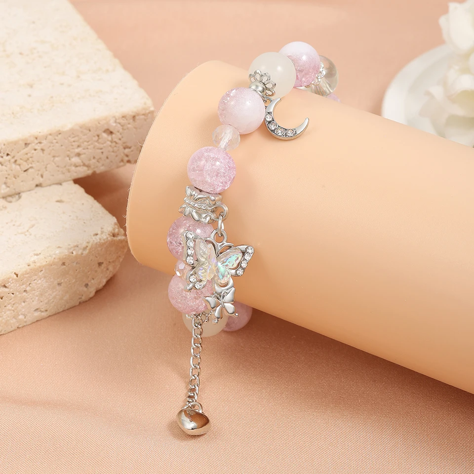 Женский эластичный браслет с бусинами и кристаллами