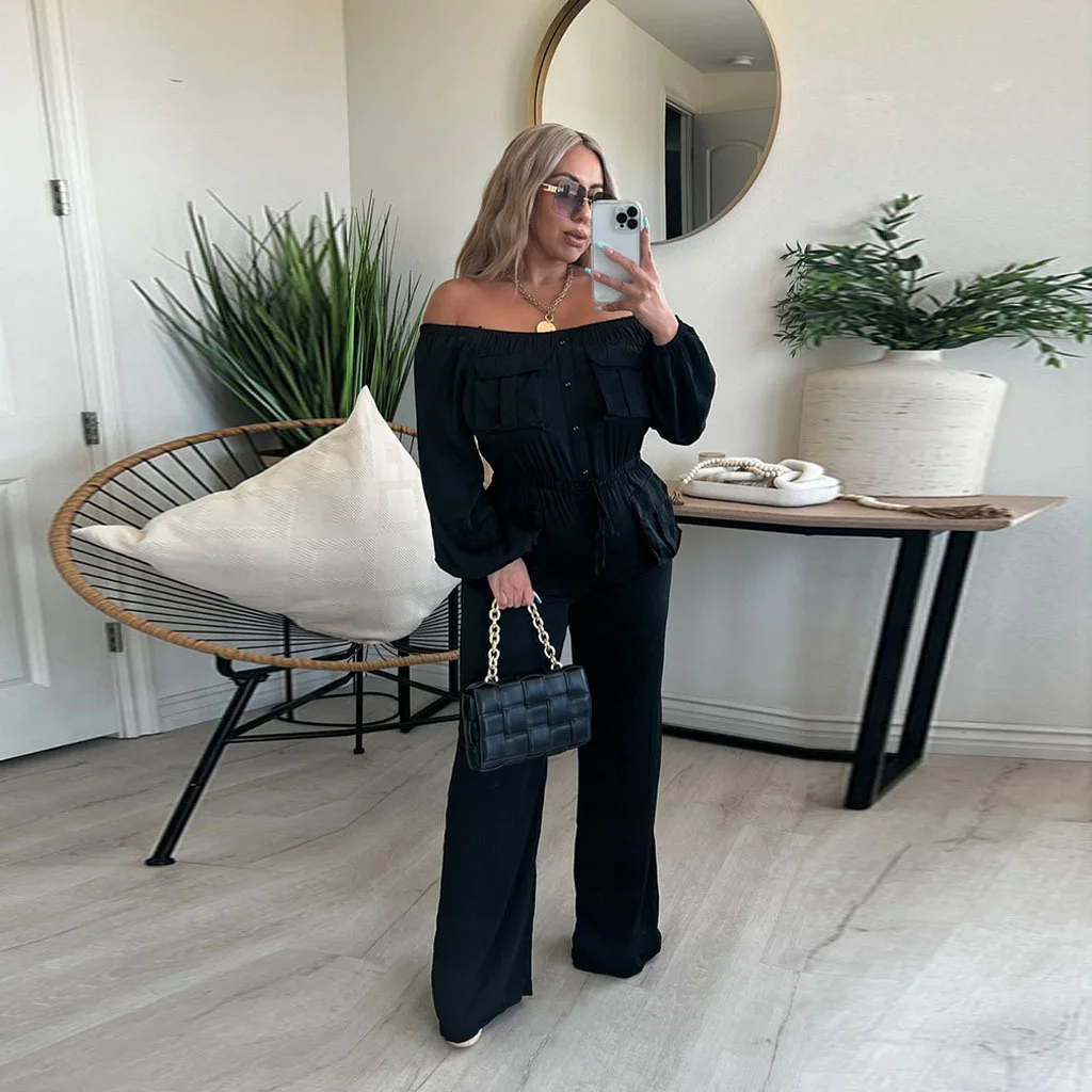 

Autumn and winter new straight shoulder stylish elegant strappy long-sleeved cargo wear women's jumpsuit