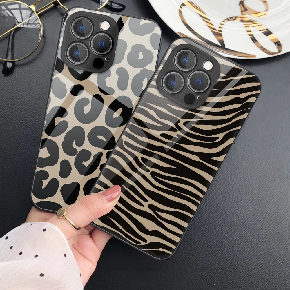 

Leopard Print Tempered Glass Phone Case for iPhone 15 11 7 8 Plus SE XR XSMax Back Cover for iPhone 13 Pro Max 12 14 Coque