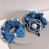 personality denim retro camellia hair bundle bow and pearl intestine ring hair ring all match fabric hair accessories for ladies