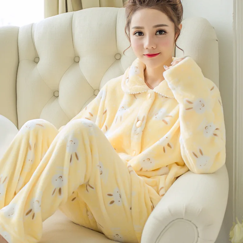 

Flannel pajamas women winter plus size coral fleece cardigan women's sleepwear suit home service