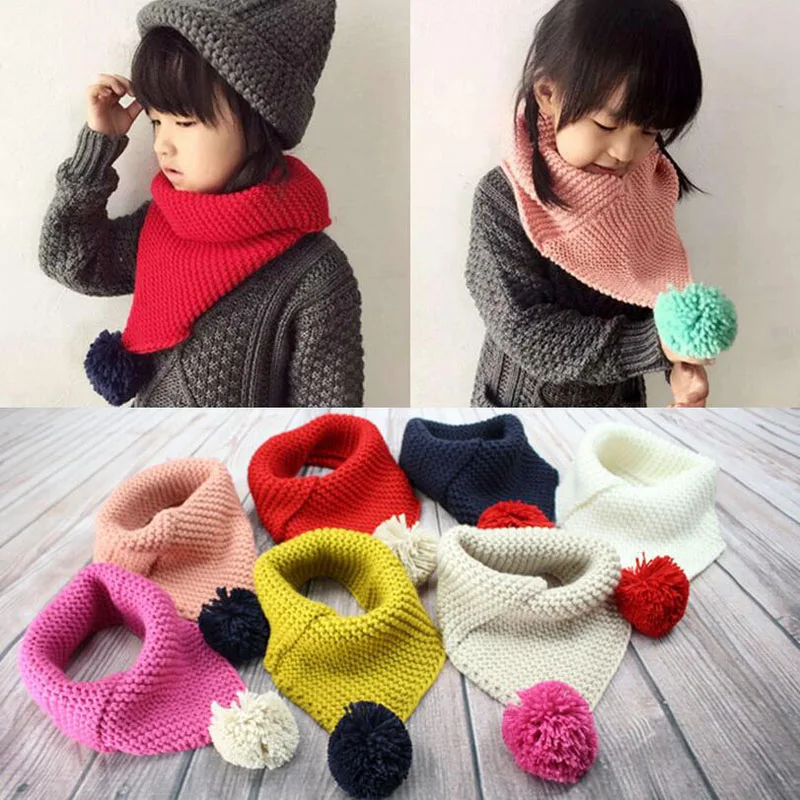 

New Kids Wool Knitted Winter Scarf Boy Girl Warm Knitted Collar With Ball Children's Scarves Neckerchief Clothing Accessories