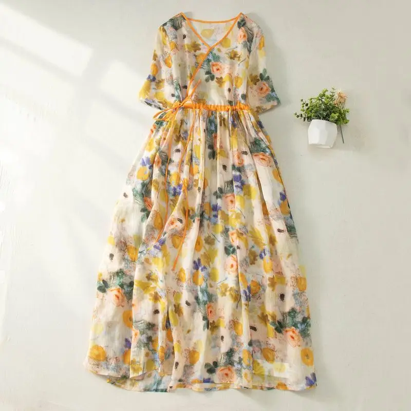 

2023 chinese traditional qipao vintage flower print cheongsam elegant cotton linen cheongsam oriental tea art floral dress