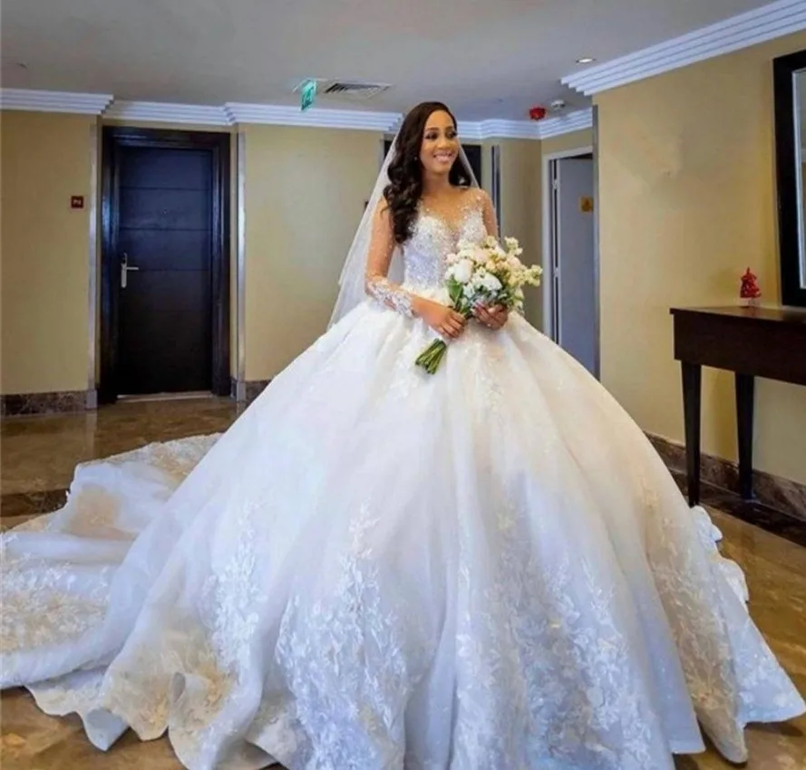 

Luxury Puffy Weddding Dresse Full Sleeve Lace Flowers Crystal Beading 2022 Fashion Formal Bridal Gowns Vestidos De Noiva