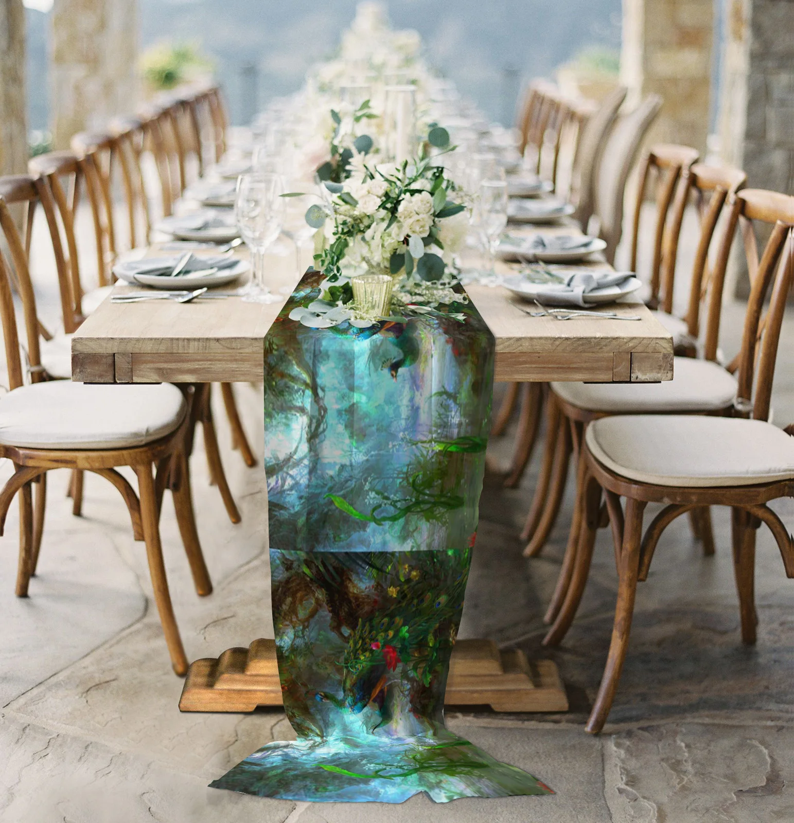 

Animal Peacock Forest Stone Chiffon Table Runner for Wedding Celebration Banquet Festival Party Backdrop Decor