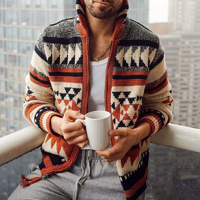 

Collar Knitted Sweater Vintage Design Print Zipper Long Sleeve CoatMen's High Cardigan Sweaters Autumn/ Winter Fashion New