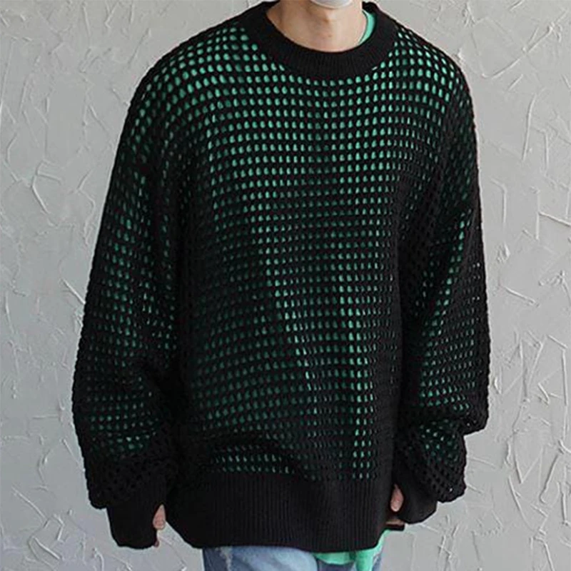 

Модные Ажурные вязаные топы для мужчин Y2K, большой размер, с длинным рукавом и круглым вырезом, трикотажные изделия для мужчин, уличная одежда, прозрачный джемпер, Топ