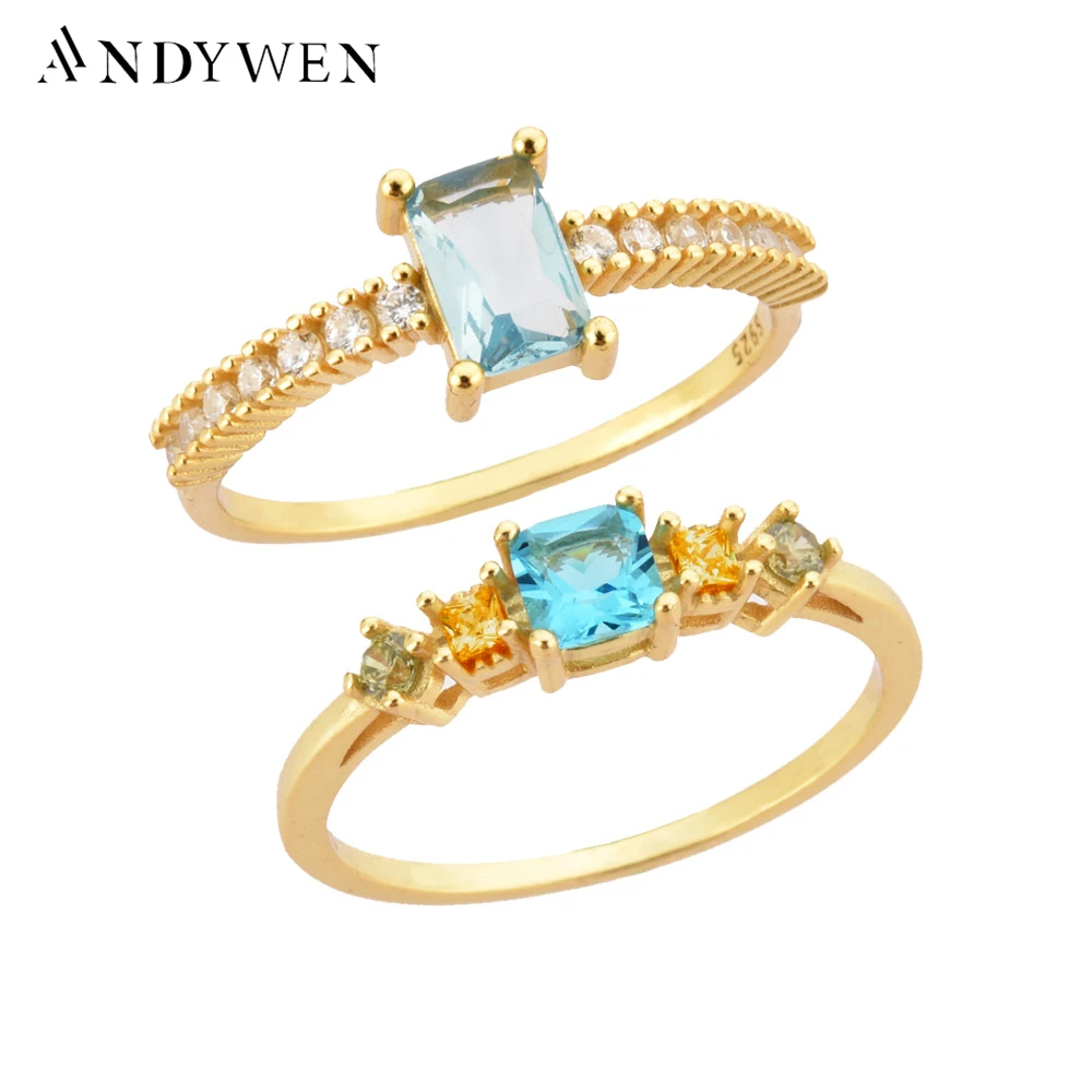 

ANDYWEN 100% 925 Sterling Silver Gold Blue Clear Yellow Zircon Size Rings Women Rainbow Colorful Women Luxury Jewelry Round Gift