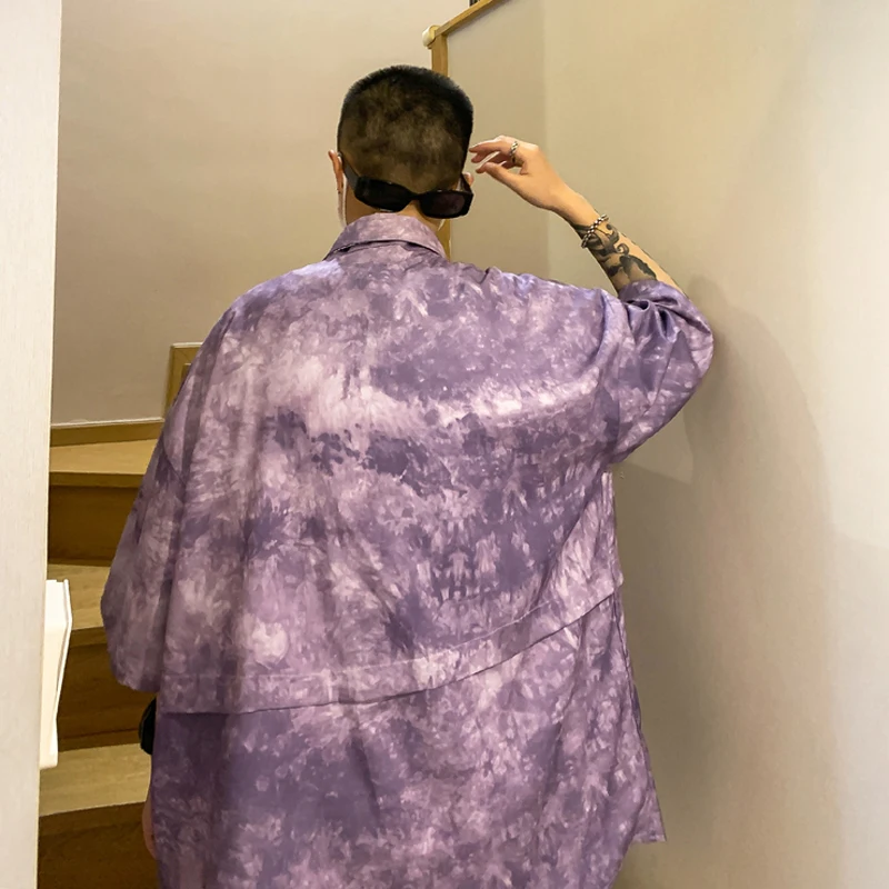 Summer Oversized  Tie Dye Shirts for Mens Korean Fashion Trends Beach Streetwear Tops Teen Loose Fit Short Sleeve Casual Blouses