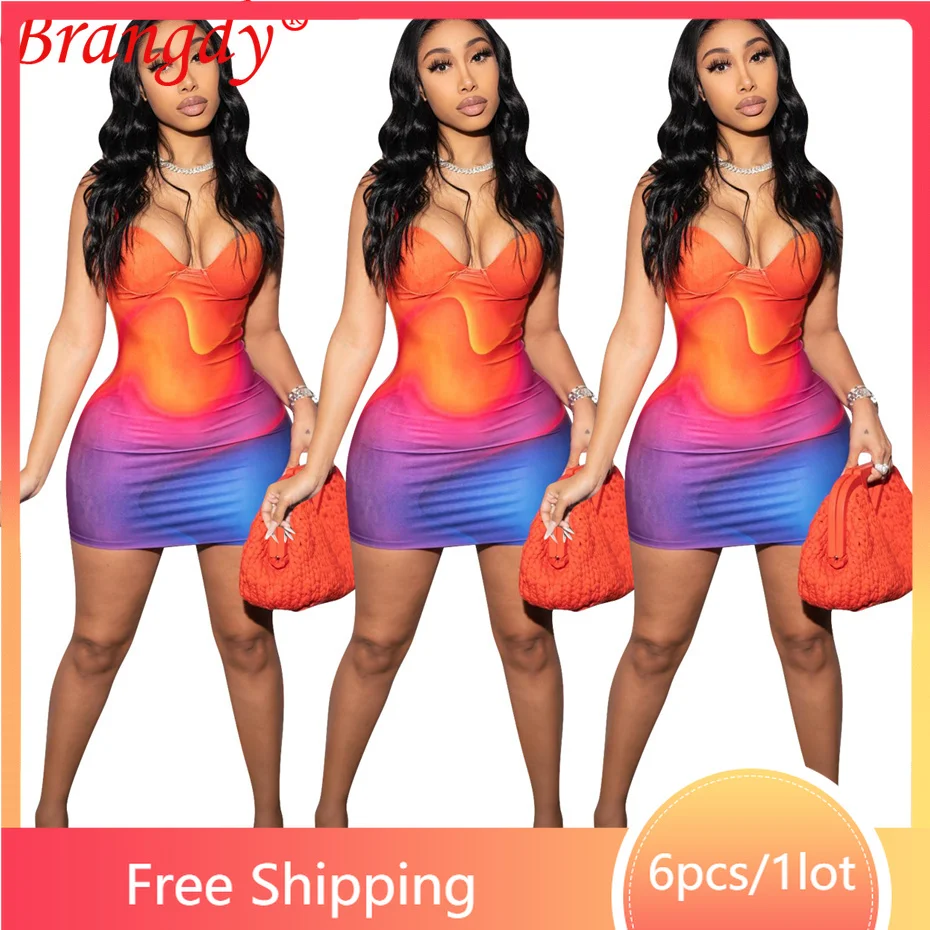 

6 шт. летнее сексуальное платье с лямкой на шее, Женская Клубная уличная одежда для вечеринки, модная мини-одежда без рукавов с принтом, оптов...
