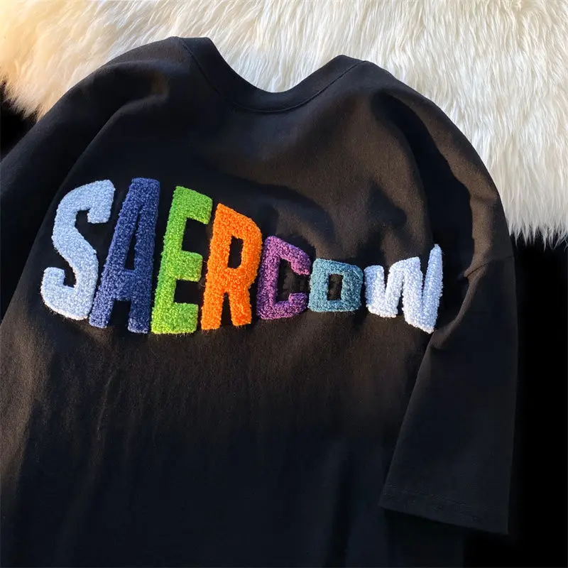 

Милая футболка из чистого хлопка с радужной вышивкой из флока для женщин и мужчин, кавайная футболка в стиле Харадзюку с графическим принто...