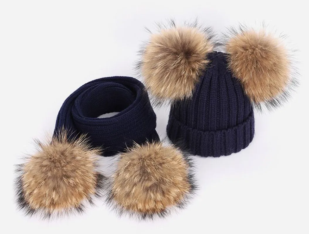 Baby Beanies Hats Children Knitted Cap Warm Winter Autumn Pompon Fur Beanie Caps Casual Solid Color Boy Girls Hat With Two Balls