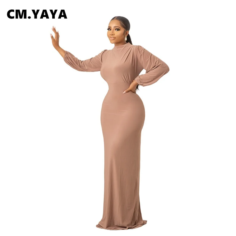 

CM.YAYA Women Long Dress Solid Full Sleeve O-neck Strechy A-line Maxi Dresses Office Lady Vintage Vestidos Casual Outfit Summer