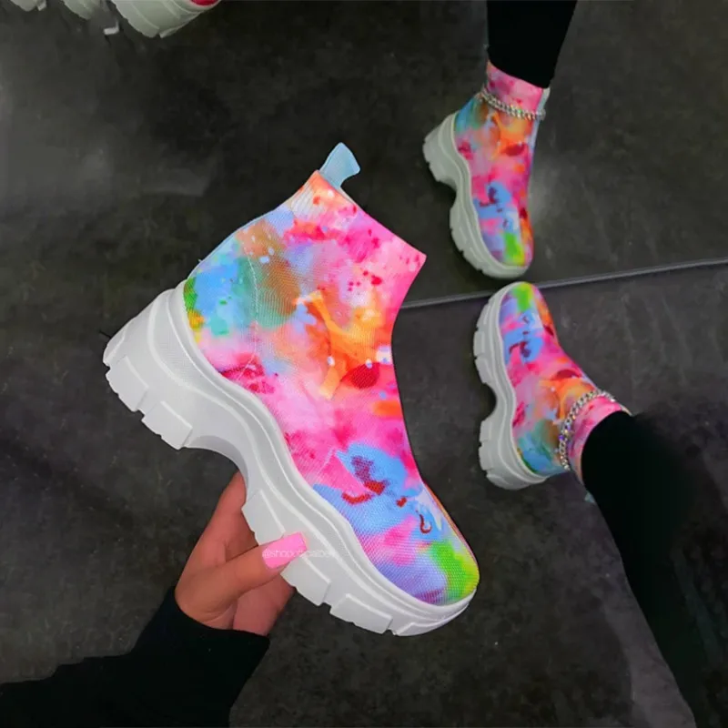 

Женские полусапожки радужные кроссовки обувь без шнуровки Уличная обувь для бега женские модные ботинки на шнуровке большой размер 43