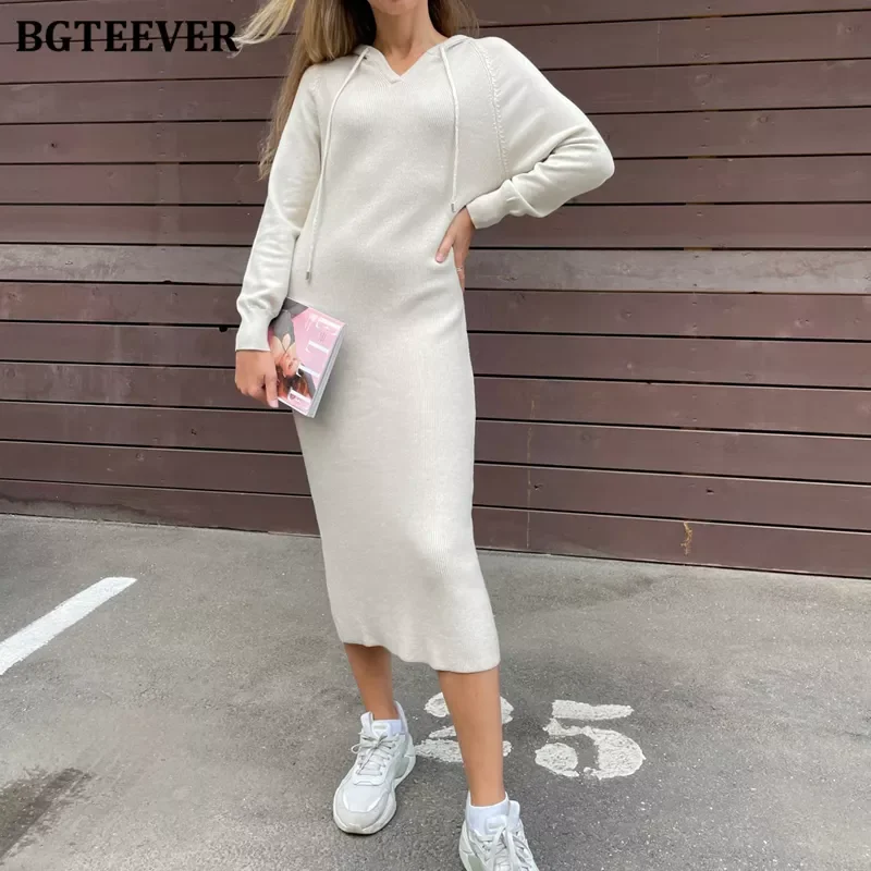 

BGTEEVER Autumn Winter Women Dress 2021 Hooded Knitted Midi Dresses for Women Long Sleeve Loose Female Sweater Vestidos 2021