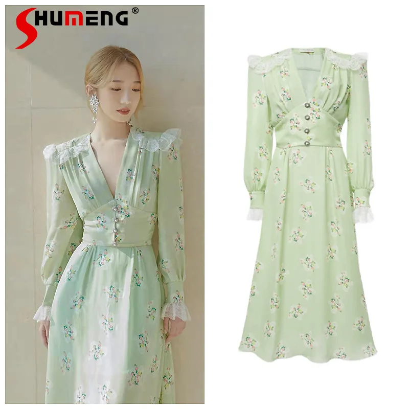 

Женское кружевное платье в стиле ретро, зеленое платье с цветочным принтом, V-образным вырезом и Расклешенным рукавом, лето 2022