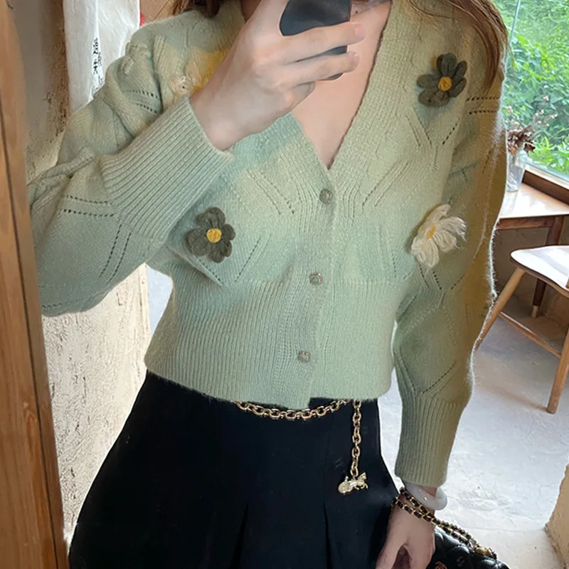 

Korea Version 2022 Spring Autumn New V-neck Knitted Women's Cardigan Short Green Flower Sweater Tops
